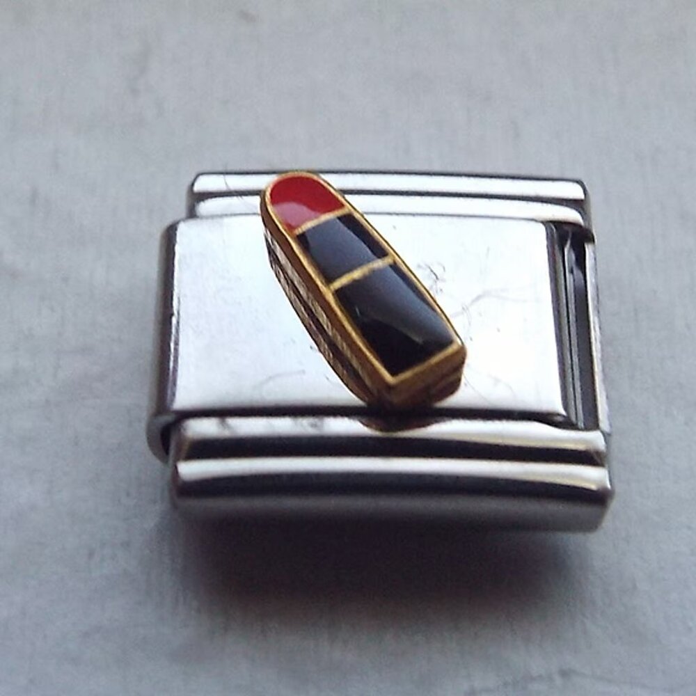 Black and red enamel lipstick 9mm stainless steel italian charm bracelet link